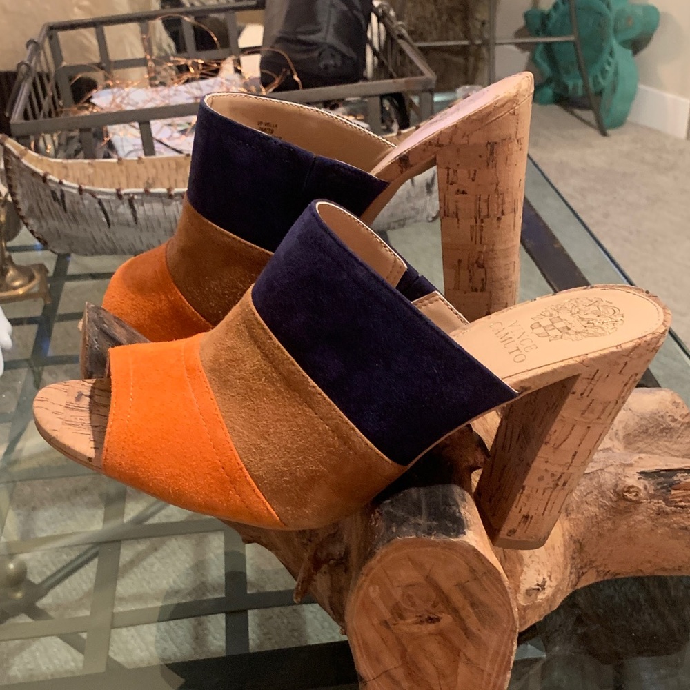 New Vince Camuto Vella Color Block Leather Slide Mule Cork Heel Slip On Peep Toe